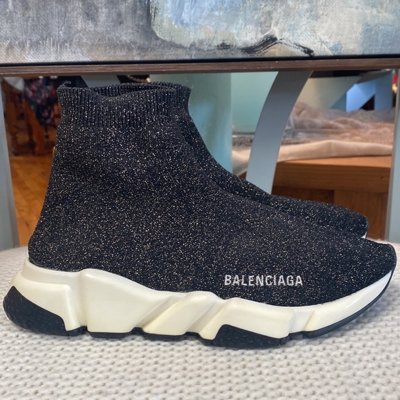 BALENCIAGA Speed Trainer 'Gold Metallic/Black' High-Top Sock Sneakers - Picture 2 of 16